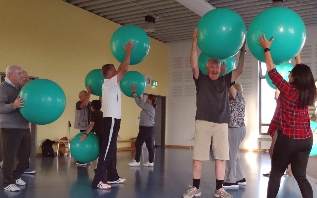 Mehrere Personen heben Gymnastikbälle über ihren Kopf (Foto: Corinna Russow/HKI Erlangen).