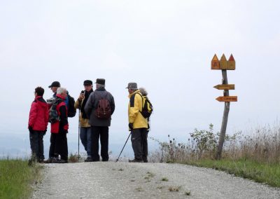 Mehrere Personen verschnaufen auf einer Berkuppe auf der Wanderwoche der HKI, rechts im Bild steht ein schiefer Wegweiser (Foto: Werner Russow/HKI Erlangen)